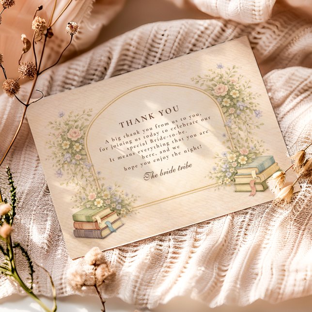Tarjeta De Agradecimiento Vintage Bookstack Garden Bridal Shower (Subido por el creador)