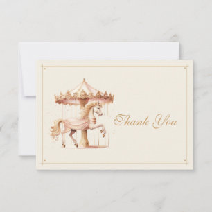 Tarjeta De Agradecimiento Vintage Carousse de color rosa de caballo acuarela