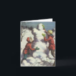 Tarjeta De Agradecimiento Vintage Christmas Gracias<br><div class="desc">Imagen de Navidades de ilustracion de época que muestra a niños peleando con bola de nieve mientras construían un muñeco de nieve el Día del Navidad.</div>