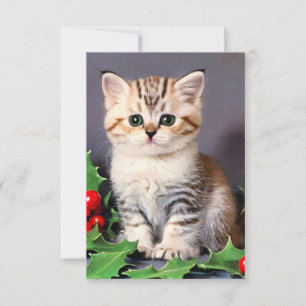 Tarjeta De Agradecimiento Vintage Christmas Kitten and Holly