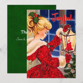 Tarjeta De Agradecimiento Vintage Christmas lámpara de vela purpurina rojo c