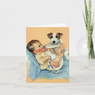 Tarjeta De Agradecimiento Vintage Cute Baby Boy Botella Perro Cachorro Graci
