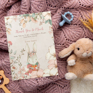 Tarjeta De Agradecimiento Vintage Cute Bunny Chica rosado botánico Baby Show