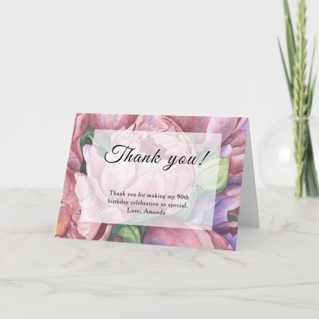 Tarjeta De Agradecimiento Vintage Floral 90 cumpleaños (Anverso)