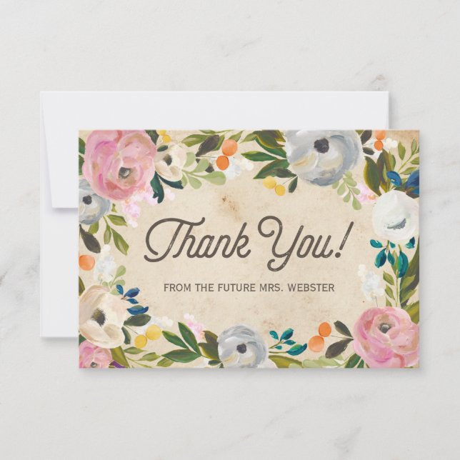 Tarjeta De Agradecimiento Vintage Florals | Bridal Shower Flat Gracias (Anverso)