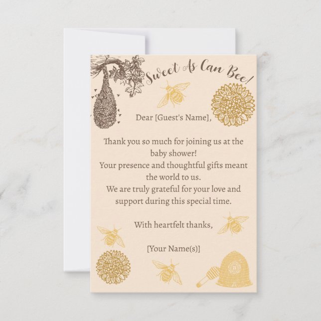 Tarjeta De Agradecimiento Vintage Honey Bumblebee Baby Shower (Anverso)