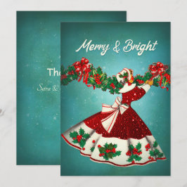 Tarjeta De Agradecimiento Vintage navidad decoración purpurina rojo chica