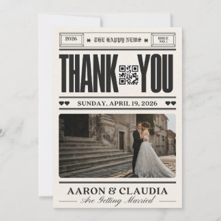 Tarjeta De Agradecimiento Vintage Newspaper Wedding Thank You Card with QR