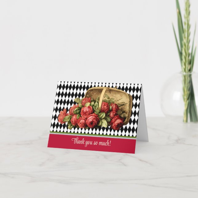 Tarjeta De Agradecimiento Vintage Red Roses Basket Gracias (Anverso)