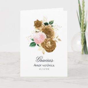 Tarjeta De Agradecimiento Vintage Rubor Pink and Gold Floral Quinceañera