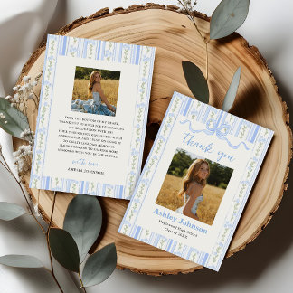 Tarjeta De Agradecimiento Vintage Stripes Blue Bow Graduation Photo