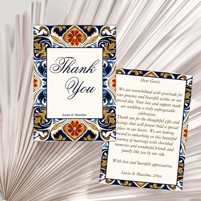 Tarjeta De Agradecimiento Vintage Talavera Azulejo boda (Vintage Talavera Azulejo blue tiles Spanish Mexican Mediterranean wedding Thank You Cards)