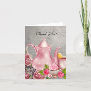 Tarjeta de agradecimiento vintage té flores rosada