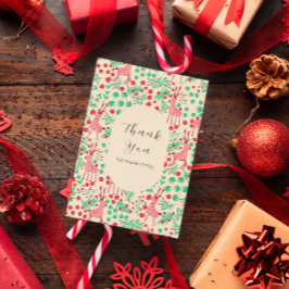 Tarjeta De Agradecimiento Vintage Whimsical Pink Reindeer, Christmas Pattern