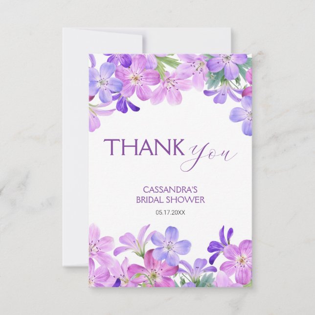 Tarjeta De Agradecimiento Violet Geranium Floral Bridal Shower  (Anverso)