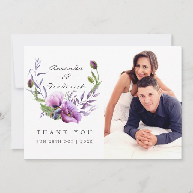 Tarjeta De Agradecimiento Violet Poppy Floral Boda Gracias foto (Anverso)