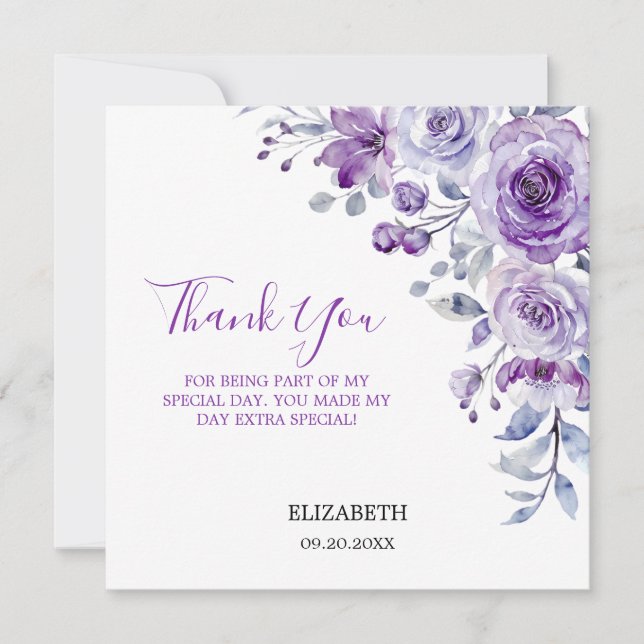 Tarjeta De Agradecimiento Violet Rosa Greenery Floral Gracias (Anverso)