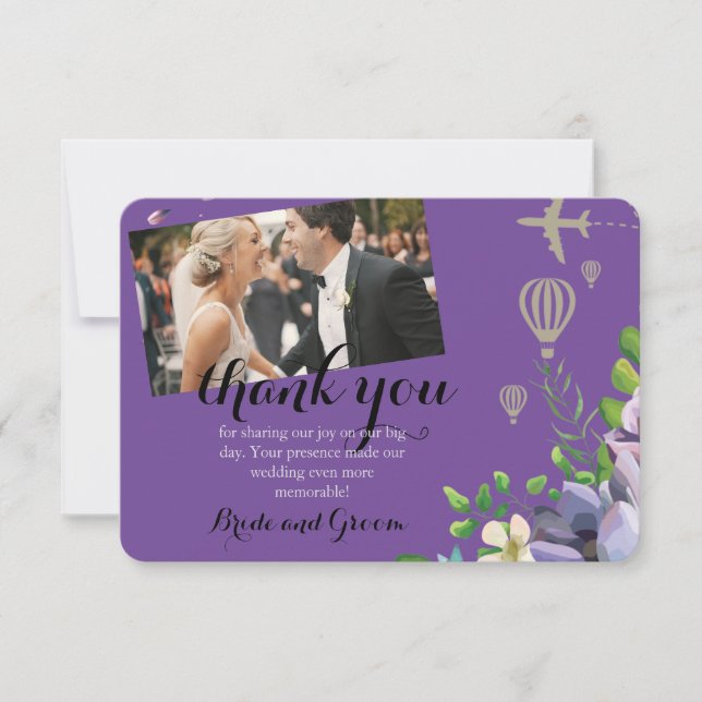 Tarjeta De Agradecimiento Violeta floral y Boda temática de viajes (Anverso)
