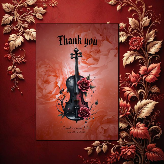 Tarjeta De Agradecimiento Violín negro gótico con rosas rojas (Subido por el creador)