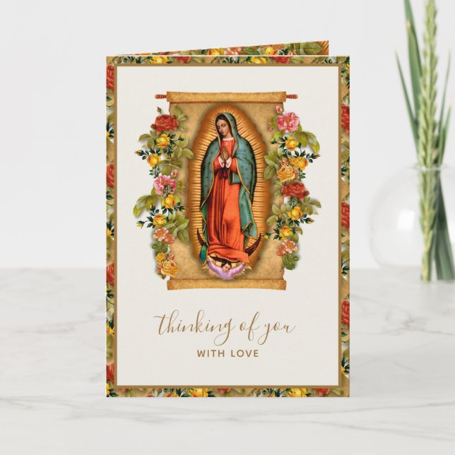 Tarjeta De Agradecimiento Virgen Española Guadalupe Rosas con Rosario (Anverso)