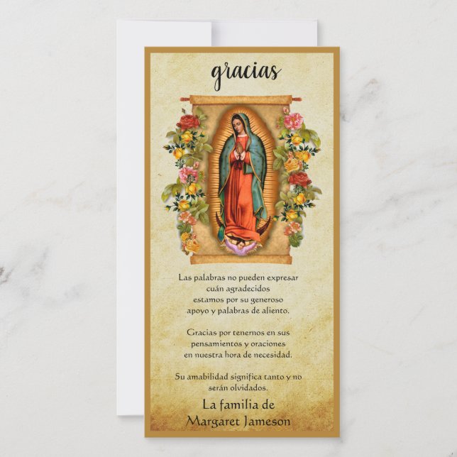 Tarjeta De Agradecimiento Virgen Guadalupe María Condolencia Funeral Español (Anverso)