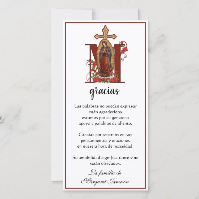 Tarjeta De Agradecimiento Virgen Guadalupe María Condolencia Funeral Español (Anverso)