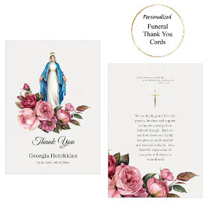 Tarjeta De Agradecimiento Virgen María Grandes Rosas Rojas Funeral Católico