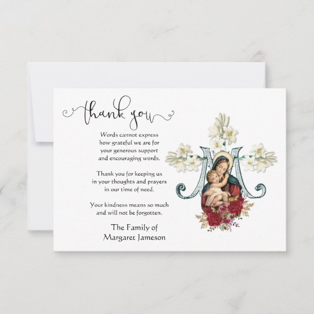 Tarjeta De Agradecimiento Virgen María Jesús Religioso Gracias Condolencia (Anverso)