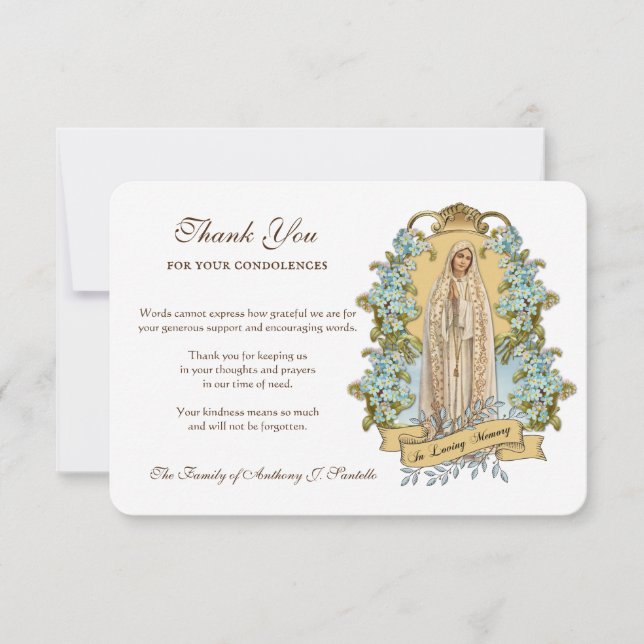 Tarjeta De Agradecimiento Virgen Religiosa Católica María Condolencia Floral (Anverso)