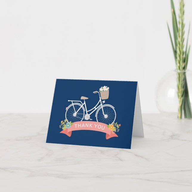 Tarjeta De Agradecimiento Vitnage Bicycle Floral Navy Blue Coral Gracias (Anverso)
