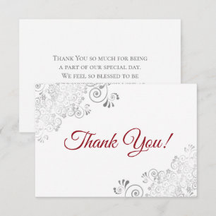 Tarjeta De Agradecimiento Volutas Elegantes de Plata Rojo Script sobre Boda 