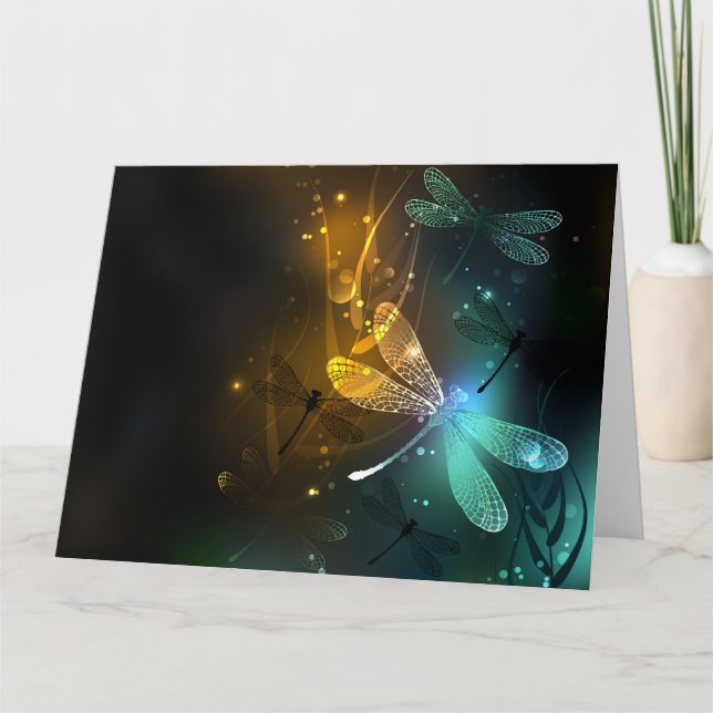 Tarjeta De Agradecimiento Vuelo de libélula luminosa verde (Anverso)