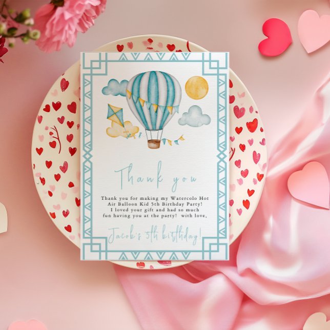 Tarjeta De Agradecimiento Watercolo Hot Air Balloon Kid 5Cumpleaños Party (Subido por el creador)