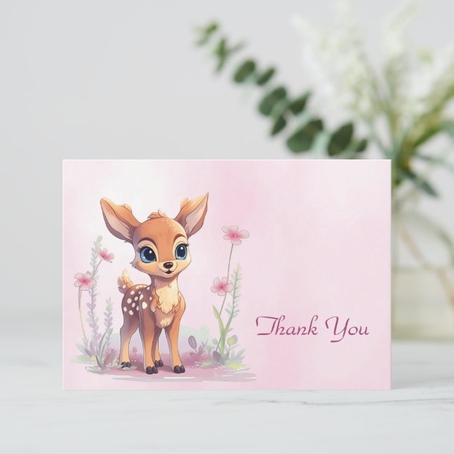 Tarjeta De Agradecimiento Watercolor Baby Deer Flores Rosa (Anverso de pie)
