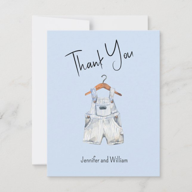 Tarjeta De Agradecimiento Watercolor Blue Baby Overas Baby Shower (Anverso)