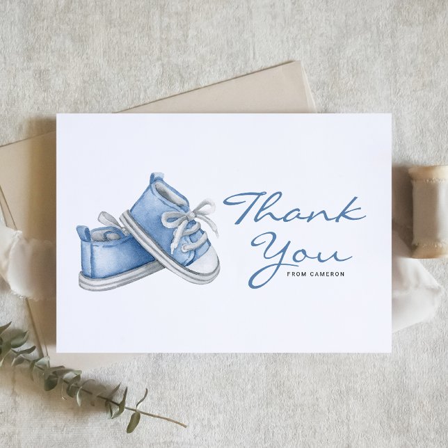 Tarjeta De Agradecimiento Watercolor Blue Baby Shoes Baby Shower (Subido por el creador)