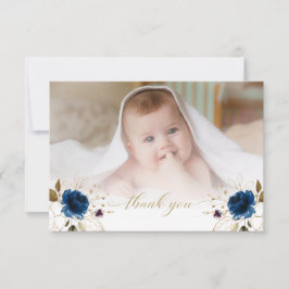 Tarjeta De Agradecimiento Watercolor Blue Floral Gold Boy Photo Baptism