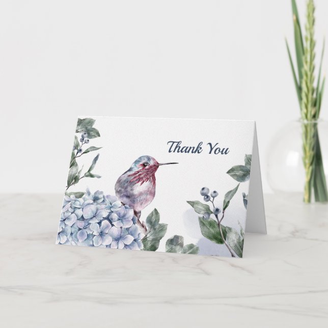 Tarjeta De Agradecimiento Watercolor Blue Hydrangea Hummingbird (Anverso)
