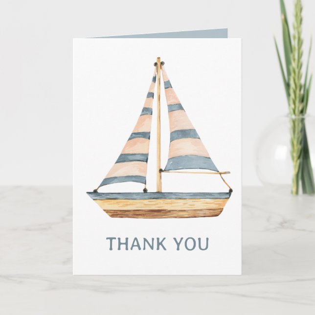 Tarjeta De Agradecimiento Watercolor Blue Stripe Sailboat (Anverso)