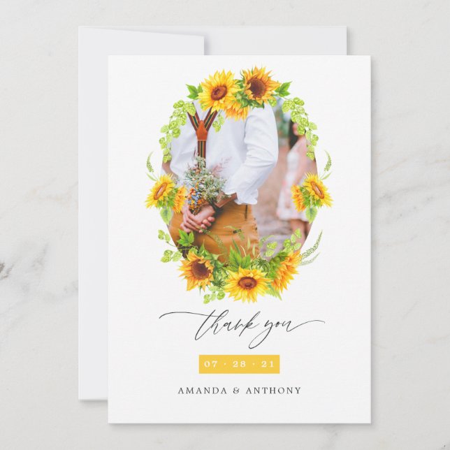 Tarjeta De Agradecimiento Watercolor Boho Sunflowers Boda (Anverso)