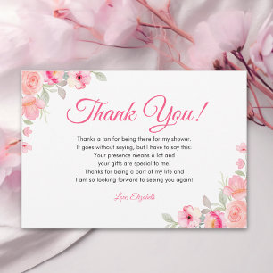 Tarjeta De Agradecimiento Watercolor Bridal Shower   Pink Flowers