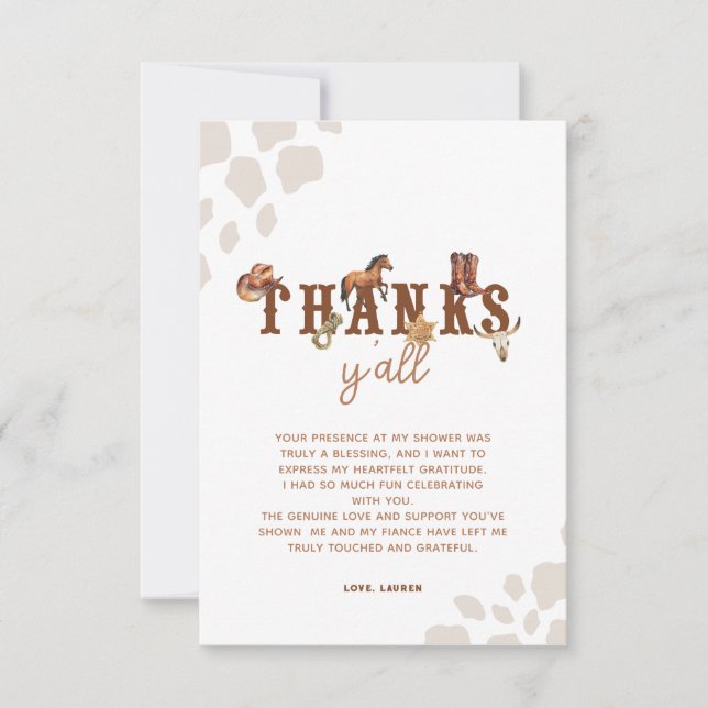 Tarjeta De Agradecimiento Watercolor Cowboy Western Baby Shower (Anverso)