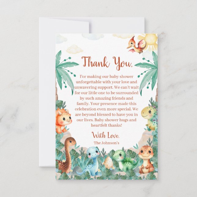 Tarjeta De Agradecimiento Watercolor Cute Dinosaur Boy Baby Shower (Anverso)