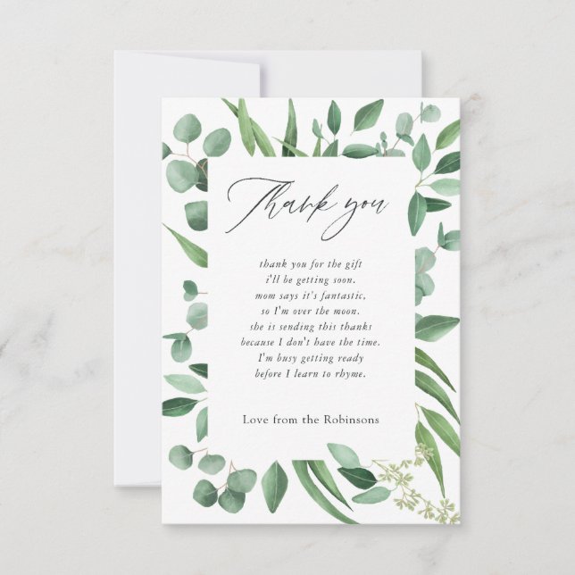 Tarjeta De Agradecimiento Watercolor Eucalyptus Greenery Baby Shower (Anverso)