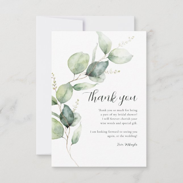 Tarjeta De Agradecimiento Watercolor Eucalyptus Script Shower (Anverso)