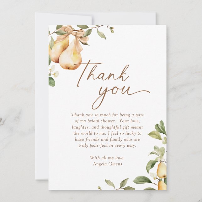 Tarjeta De Agradecimiento Watercolor Floral Pear Bridal Shower (Anverso)