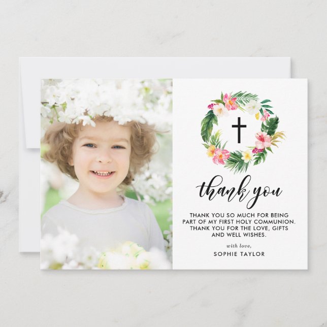 Tarjeta De Agradecimiento Watercolor Floral Tropical Primera Comunión (Anverso)