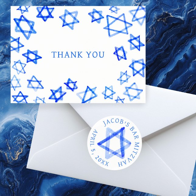 Tarjeta De Agradecimiento Watercolor Fun Blue Star of David Bar Bat Mitzvah (Watercolor Fun Blue Star of David Bar Bat Mitzvah Thank You Card
)