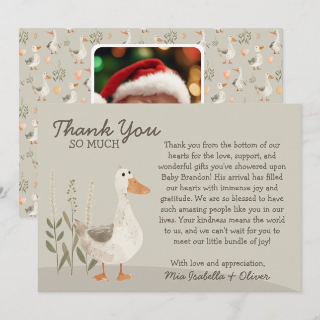 Tarjeta De Agradecimiento Watercolor Goose - Baby Shower Gracias Card (Anverso / Reverso)