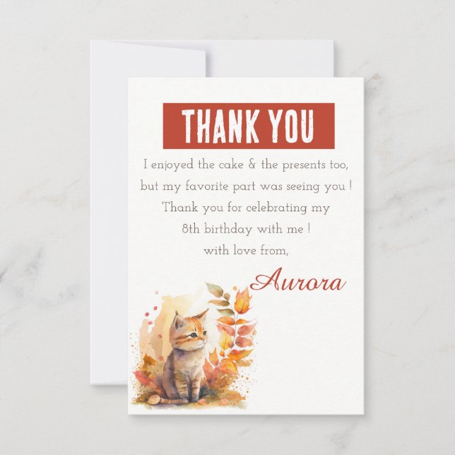 Tarjeta De Agradecimiento Watercolor Kitten - Cumpleaños (Anverso)